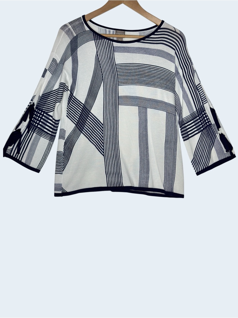 Chico’s White Navy Striped Knit Top 3/4 Sleeve Bow Detail Size 0 - Picture 3 of 11